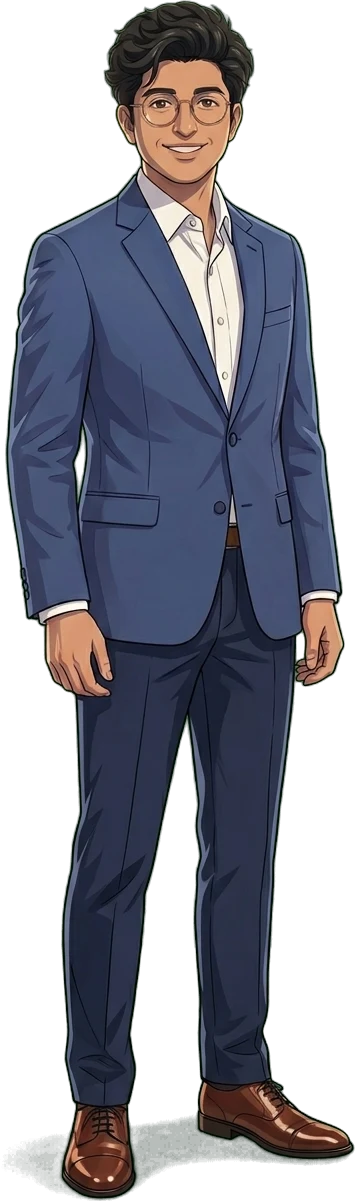 Animated Ronnie, the narrator of the reels, in a blue suit and round glasses